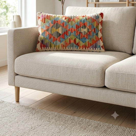 Kilim cushion cover in multicolor diamond pattern on blue base, 35x55 cm