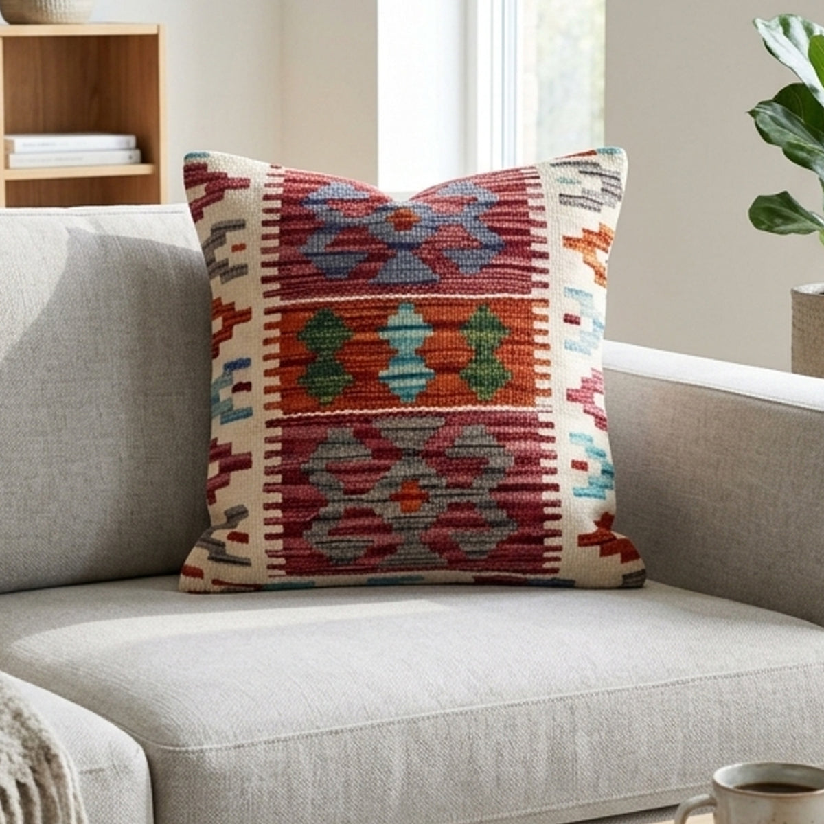 Kilim cushion cover with red, blue, green and beige geometric pattern on sofa