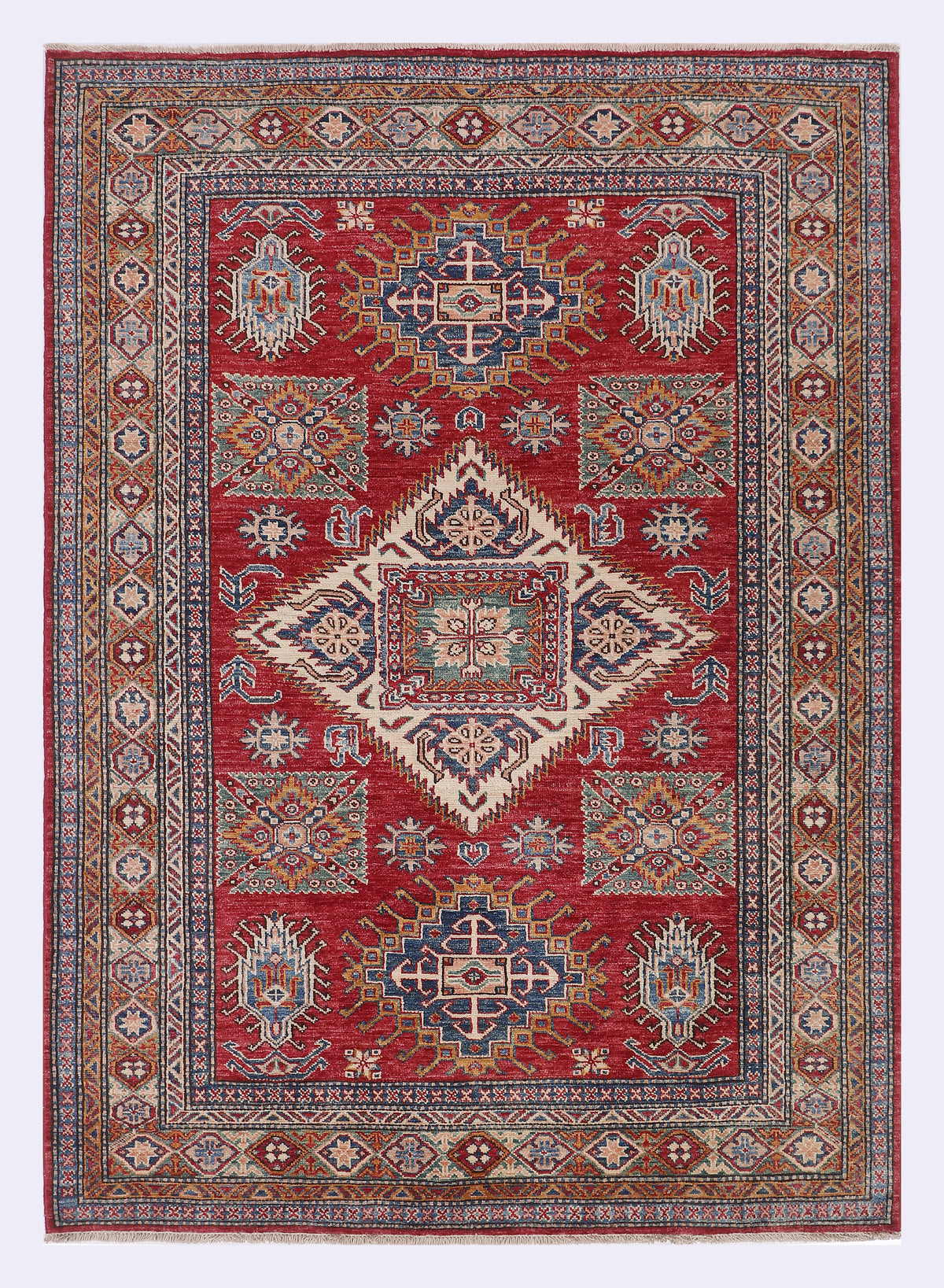 Red Kazak rug with geometric medallion and border pattern, 270x150 cm