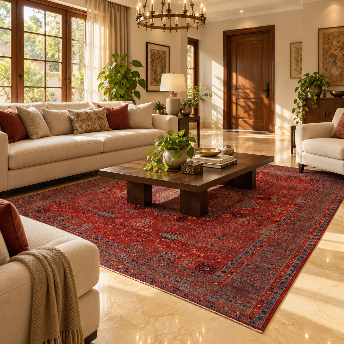 Traditional wool rug with red field and blue geometric motifs, large area size