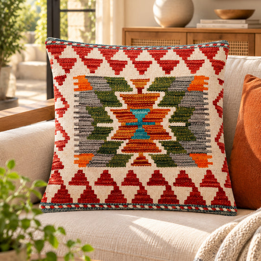 Red and multicolor kilim cushion cover with geometric medallion pattern, 45x45 cm