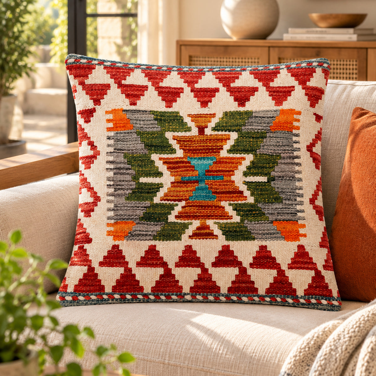 Red and multicolor kilim cushion cover with geometric medallion pattern, 45x45 cm