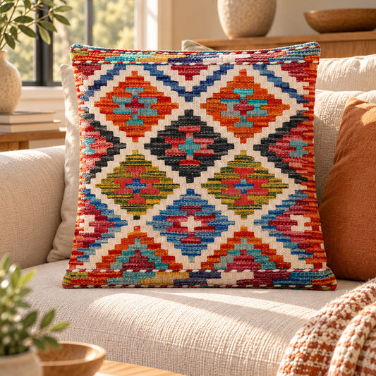 Multicolor kilim cushion cover, 45x45 cm, diamond pattern with blue, orange, teal and red