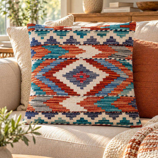 45x45 kilim cushion cover with geometric medallion pattern in blue, orange, teal on cream