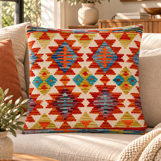 Kilim cushion cover, square, orange and blue diamond geometric pattern with border