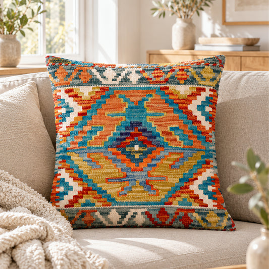 Kilim cushion cover with blue, orange, yellow geometric medallion pattern, fringed edges