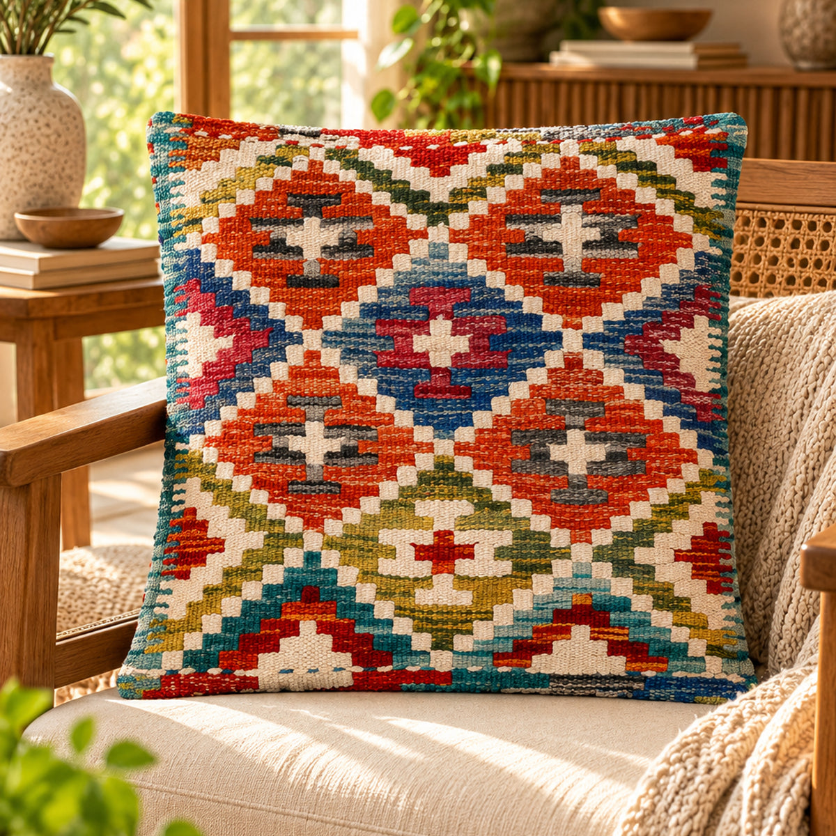 Kilim cushion cover 45x45 cm with multicolor geometric cross patterns
