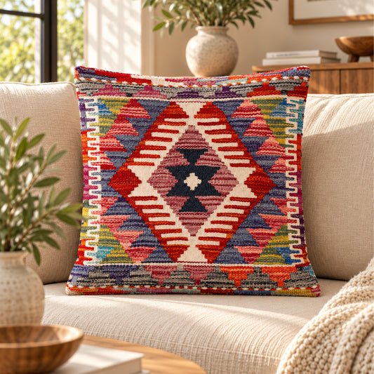 Kilim cushion cover on sofa with colorful diamond kilim motif in red and blue