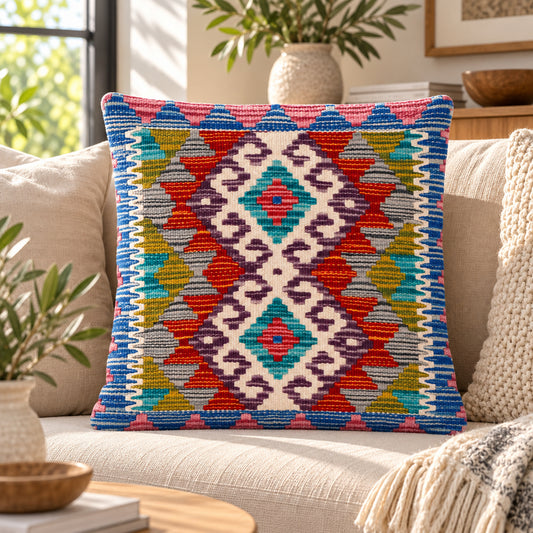 Square kilim cushion cover with geometric diamonds, orange yellow teal, blue trim