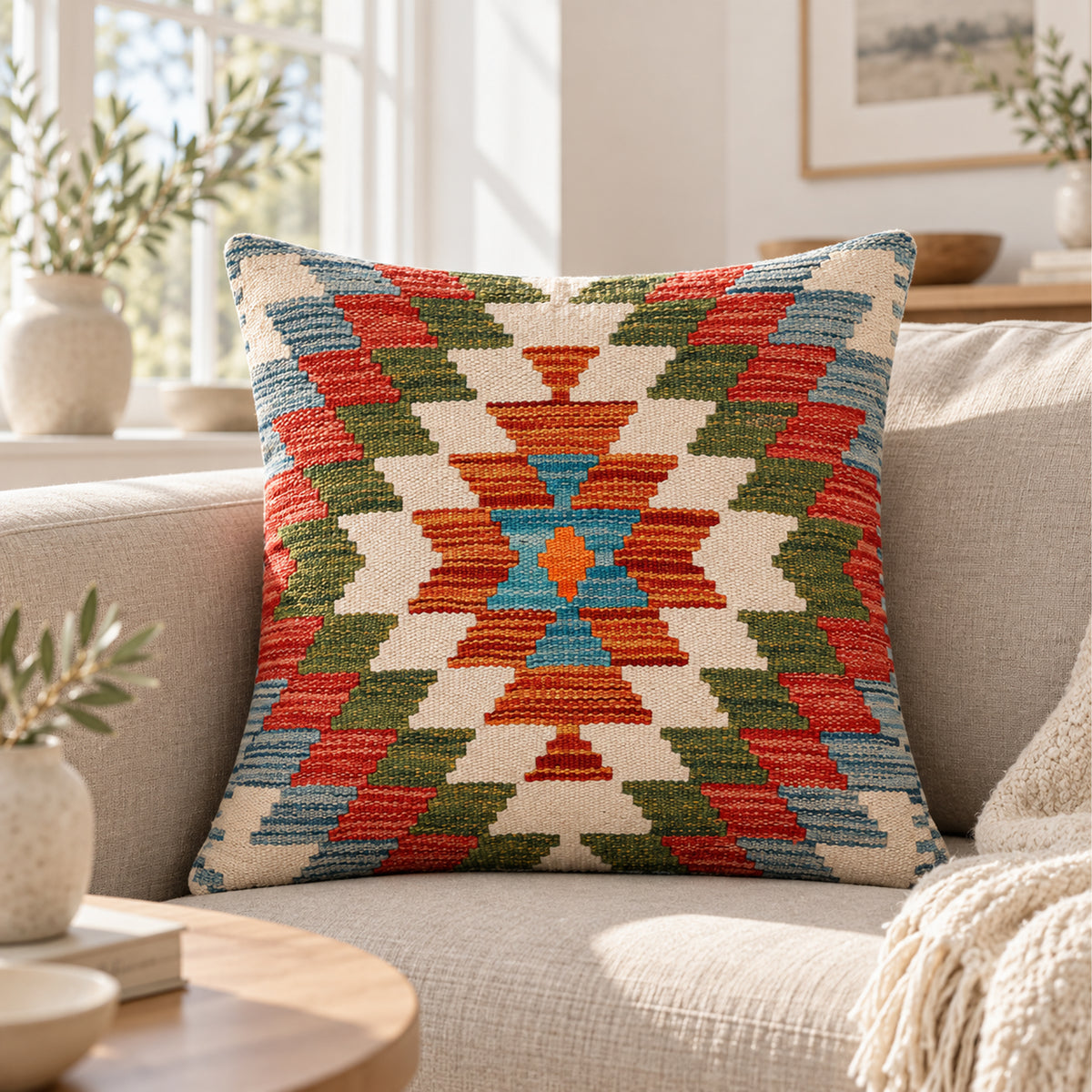 Kilim cushion on sofa with red, green, blue and orange stepped geometric pattern