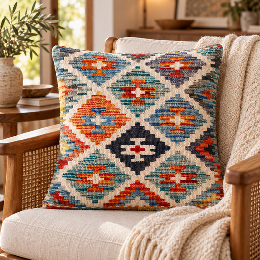 Kilim cushion cover with geometric diamond pattern in blue, orange, and black