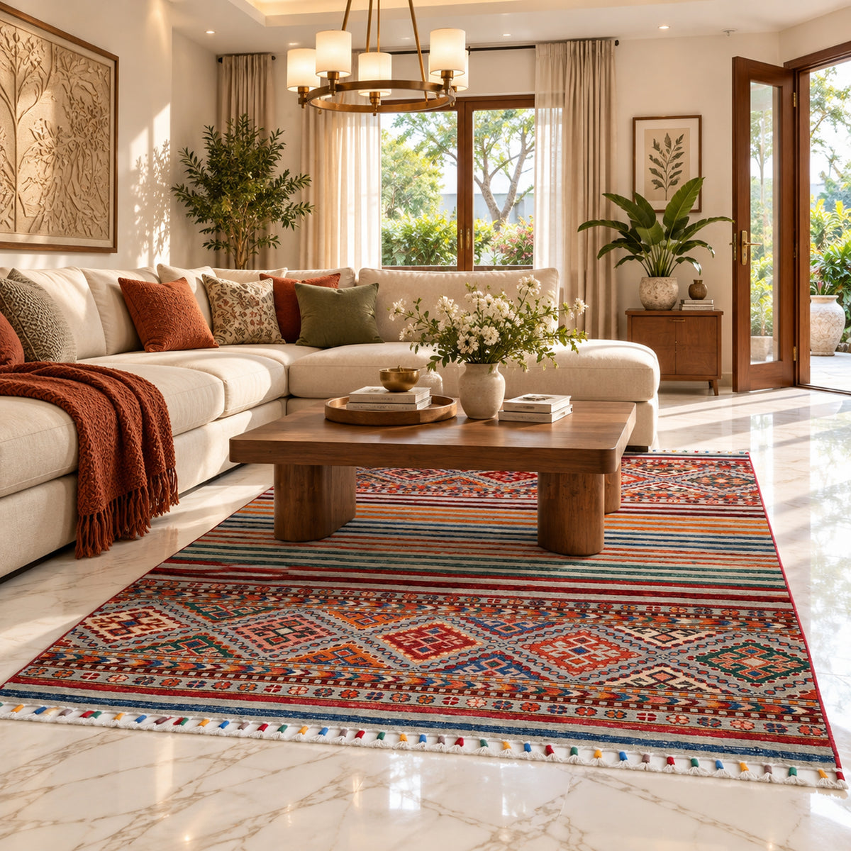 Multicolor patterned area rug with geometric border and short fringe edges
