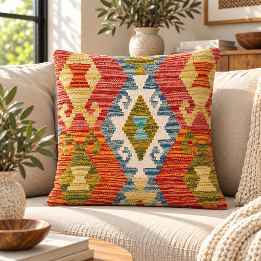 Kilim cushion cover with red, yellow, and blue medallion pattern, 45x45 cm