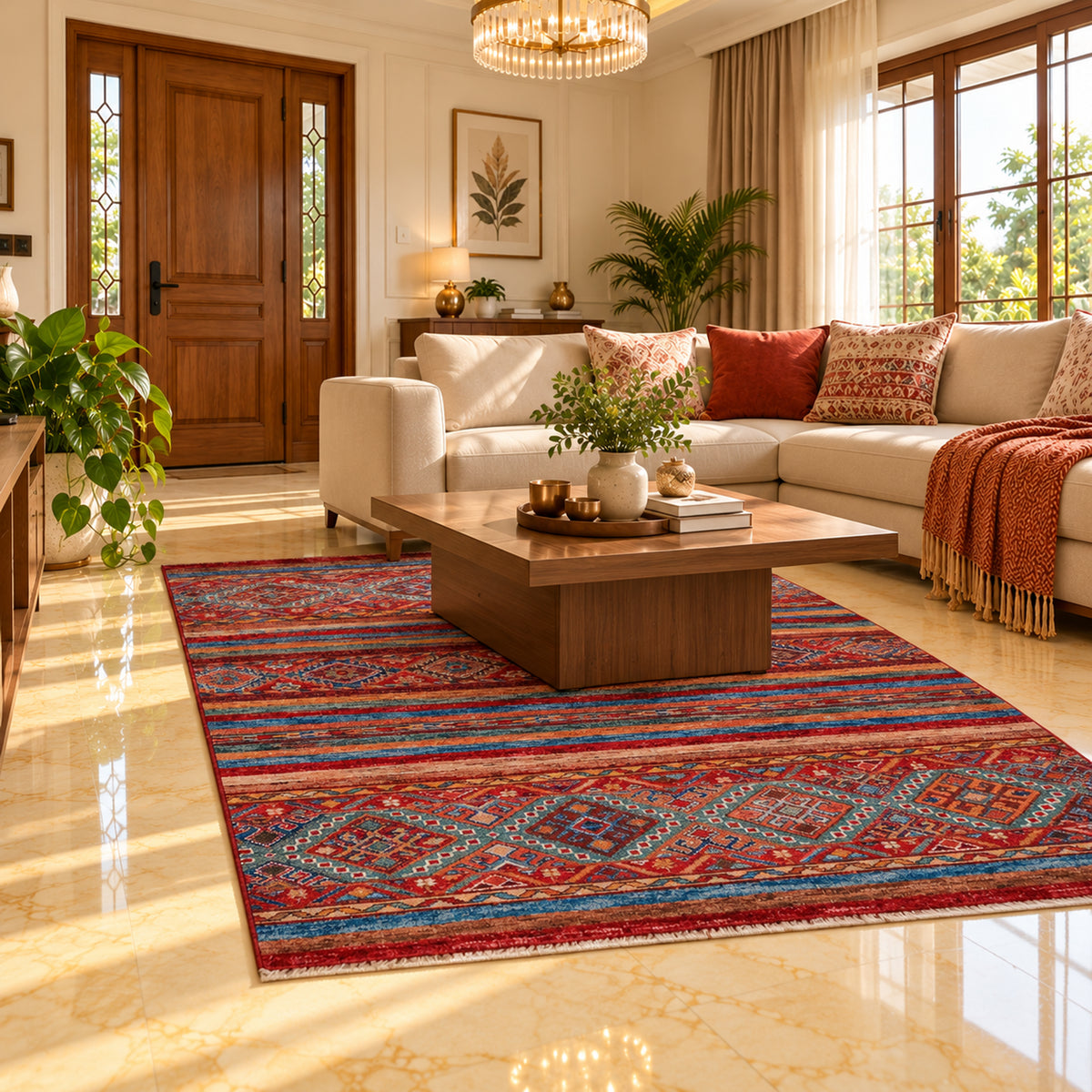 Red multicolor wool rug with geometric medallions and stripes, flat lay
