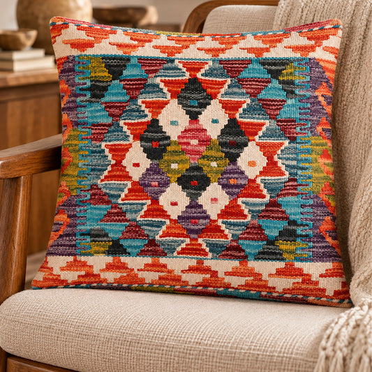 45x45 kilim cushion cover, multicolor tribal geometric pattern on orange base
