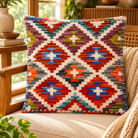 Orange, blue, and purple diamond kilim pillow cover with cross motifs, 45x45 cm