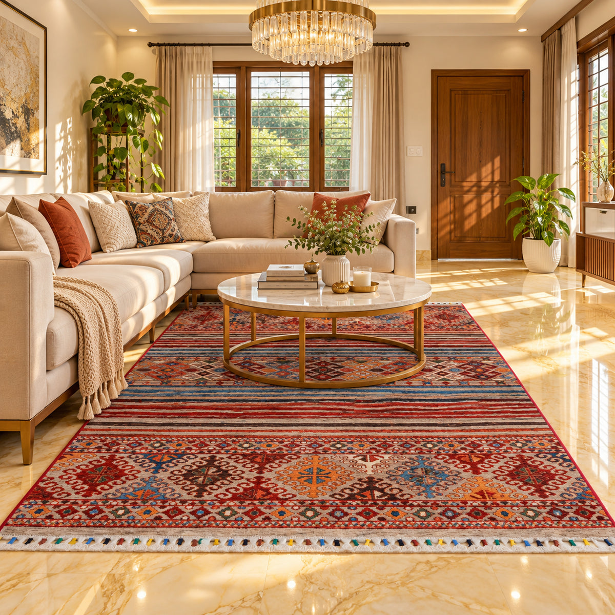 Multicolor patterned rug with fringe border