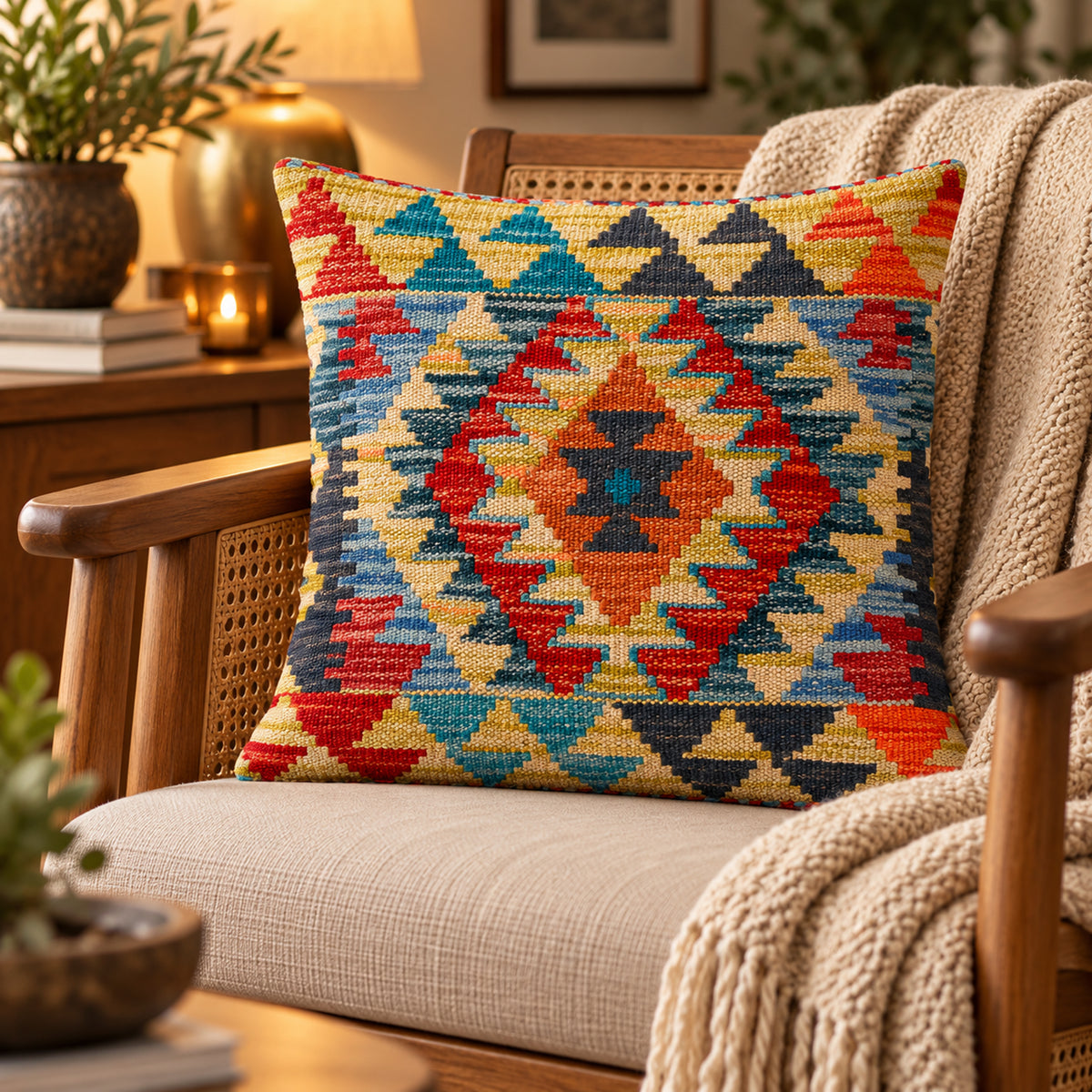 Geometric kilim cushion cover with multicolor diamond pattern, blue red yellow accents