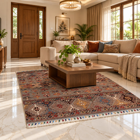 Grey multicolor geometric rug with bordered medallions and short fringes.