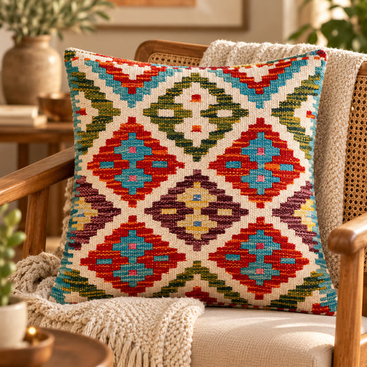 Kilim cushion cover with multicolor geometric floral pattern in red, teal, green, cream