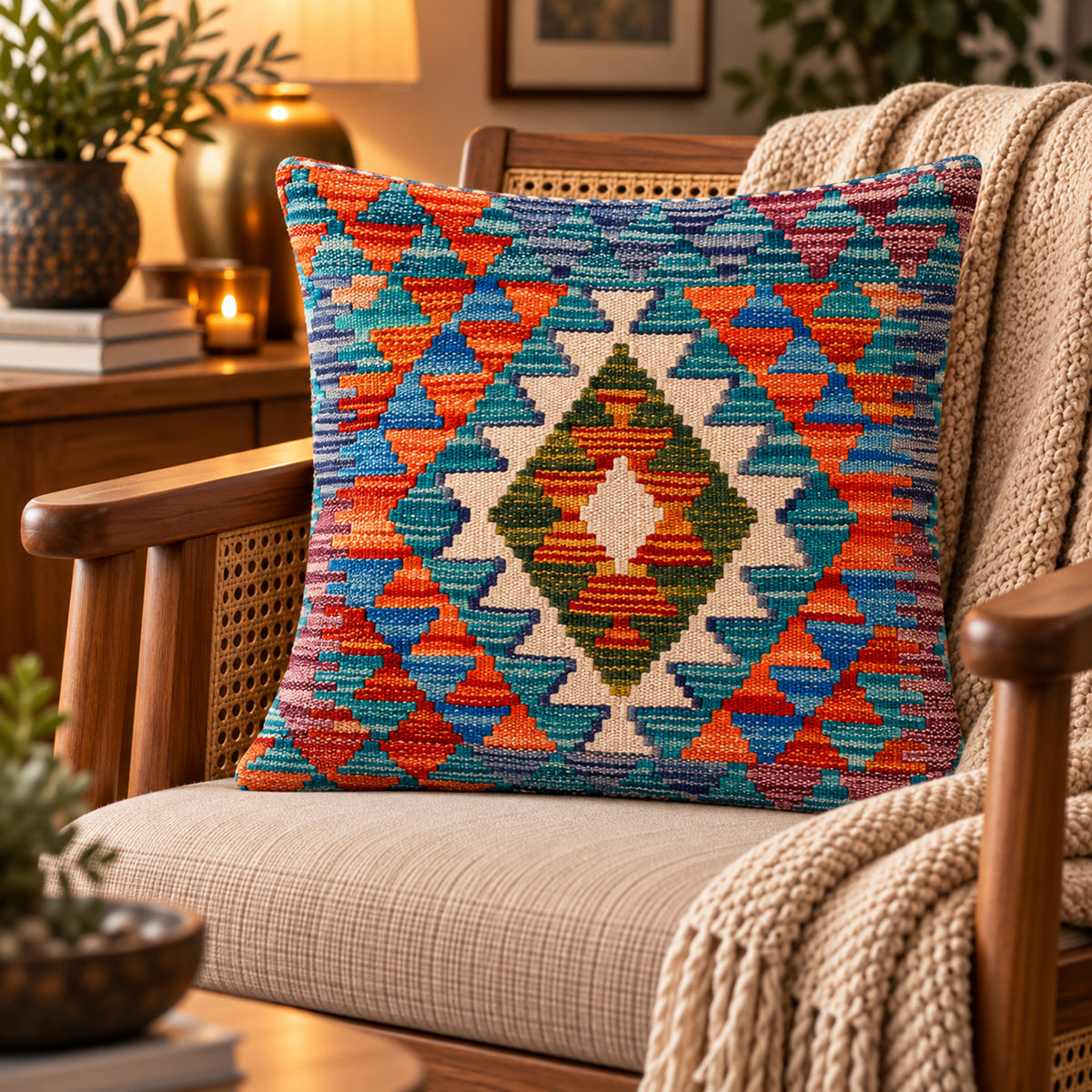 Kilim cushion cover with turquoise, orange, blue and green diamond pattern, square knit
