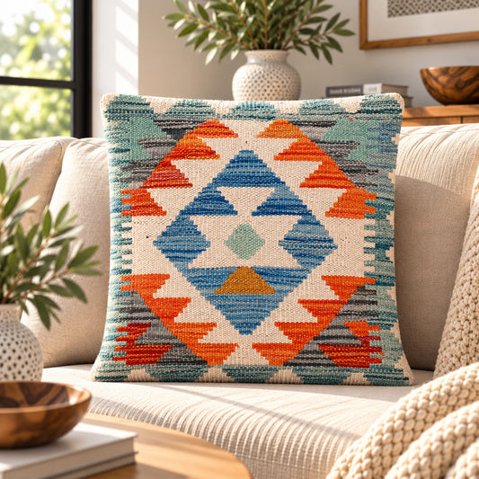 Kilim cushion cover with geometric diamond pattern in blue, orange, and cream