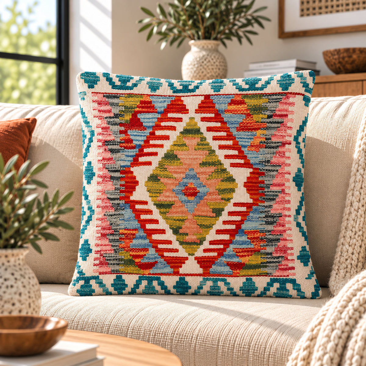 Turquoise border kilim cushion cover with multicolor geometric diamond pattern, 45x45 cm