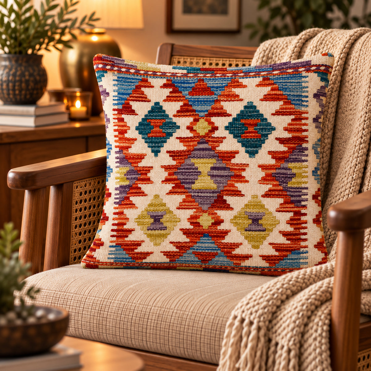 Square kilim cushion cover with multicolor diamond pattern in orange, blue, teal (45x45 cm)