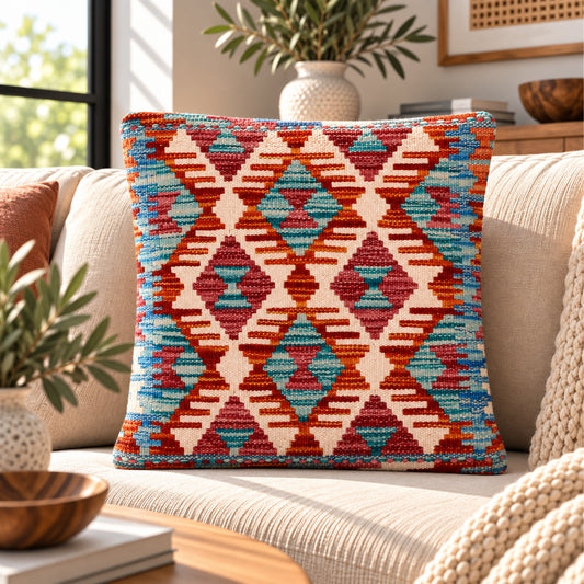 Diamond kilim cushion cover with turquoise, orange, and red geometric pattern, 45x45 cm