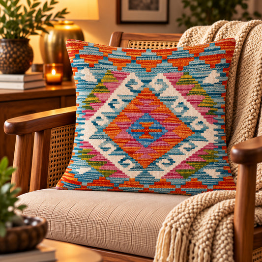 Blue kilim cushion cover with layered geometric multicolor pattern, 45x45 cm