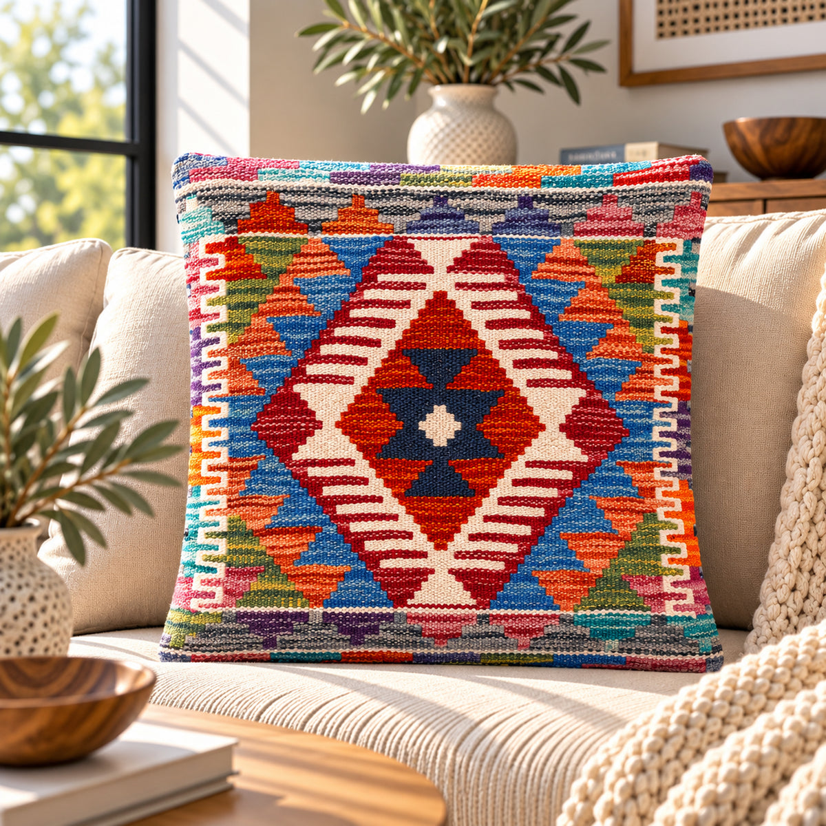 Kilim cushion cover, 45x45 cm, multicolor diamond geometric pattern on front