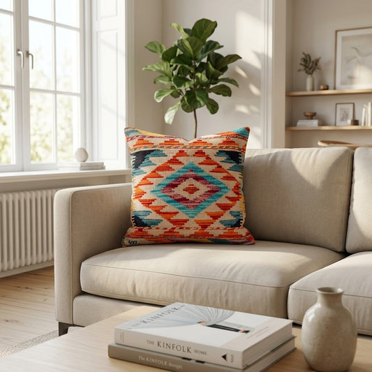 Orange geometric kilim cushion cover, 45x45 cm, square embroidered pattern