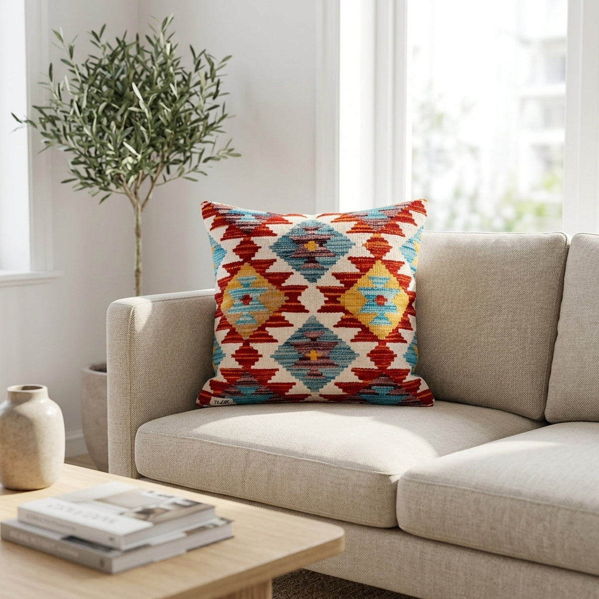 Kilim cushion 45x45 cm with red, blue, and cream diamond pattern