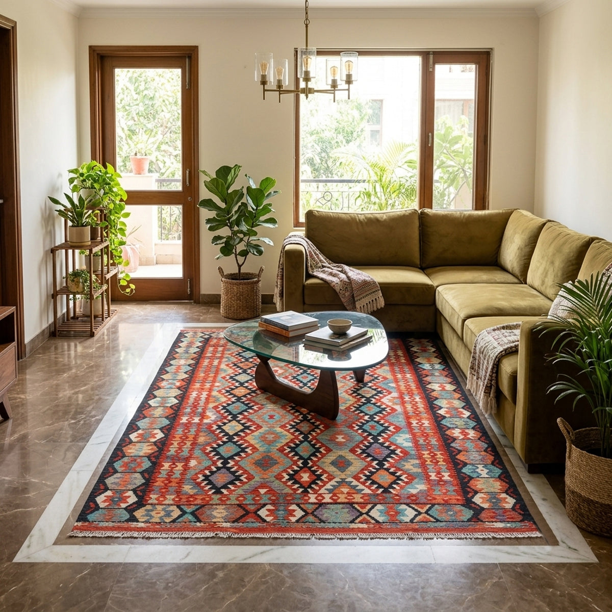 Kilim rug with multicolor geometric border on floor in a bright living room