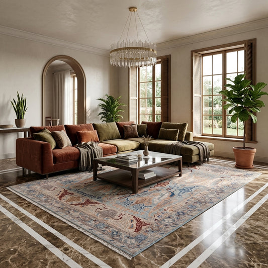 Khyber Oushak rug in room, light blue ornate pattern on the floor