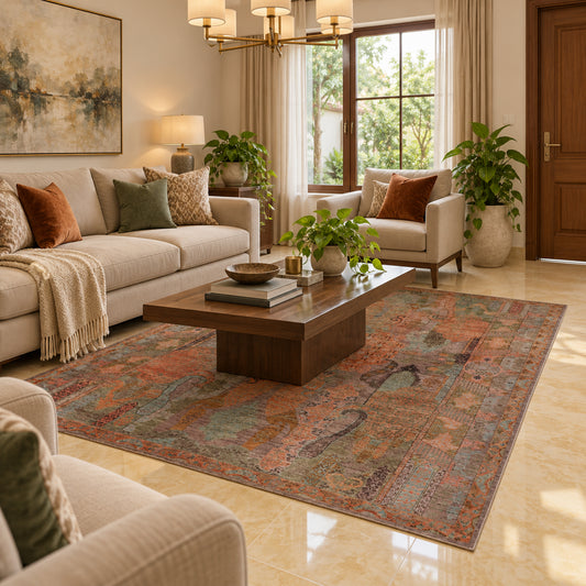 Multicolor designer area rug with distressed pattern in rust, teal, olive, and beige.