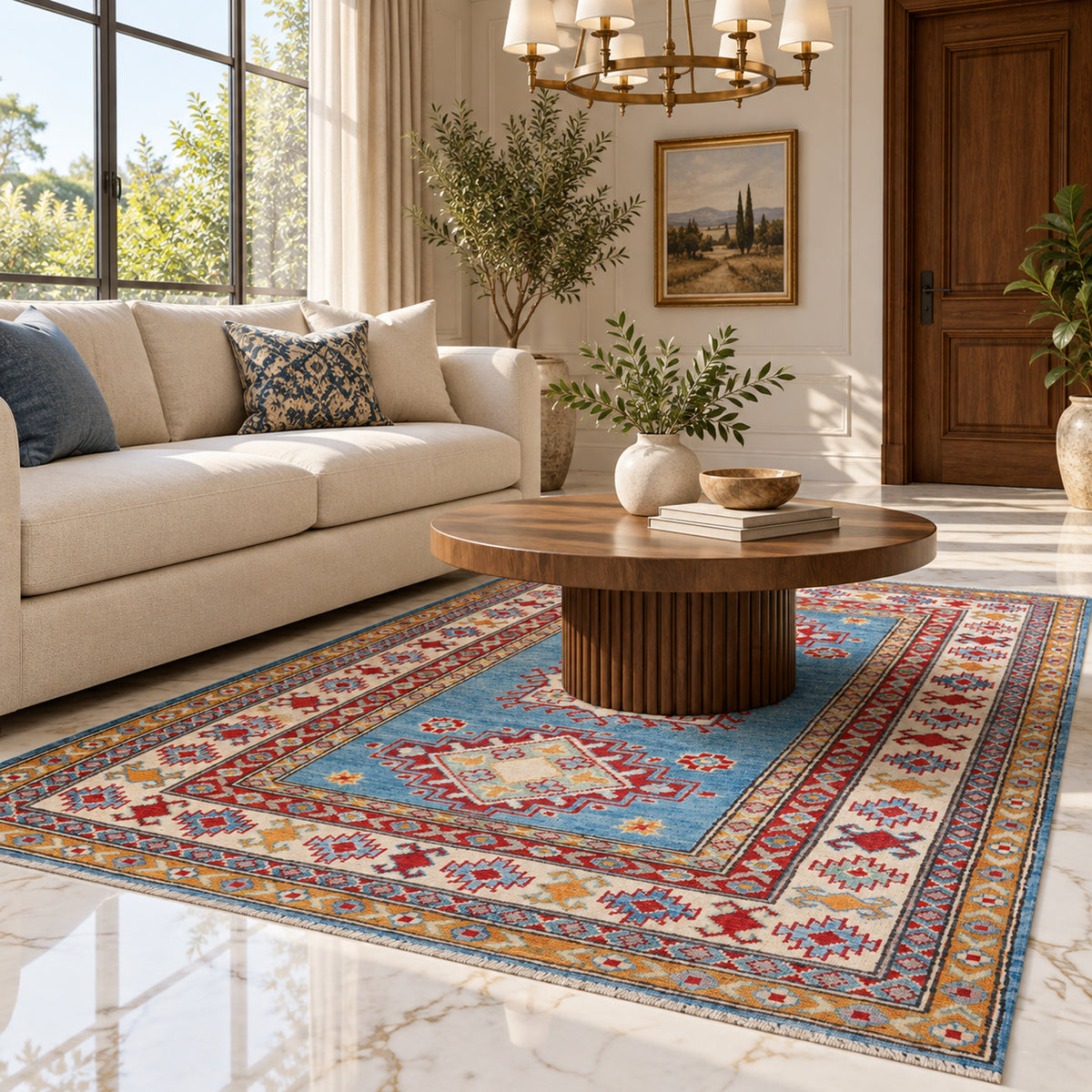 Blue and red geometric area rug on hardwood floor