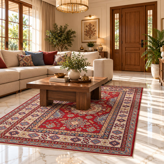 Red and blue patterned area rug with geometric motifs, 147x99 cm