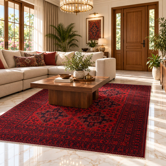 Rectangular red rug with intricate geometric motifs and traditional border