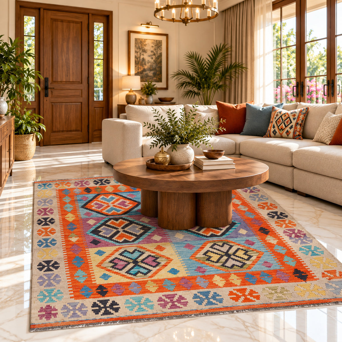 Geometric orange kilim area rug with multicolor border, flatweave pattern