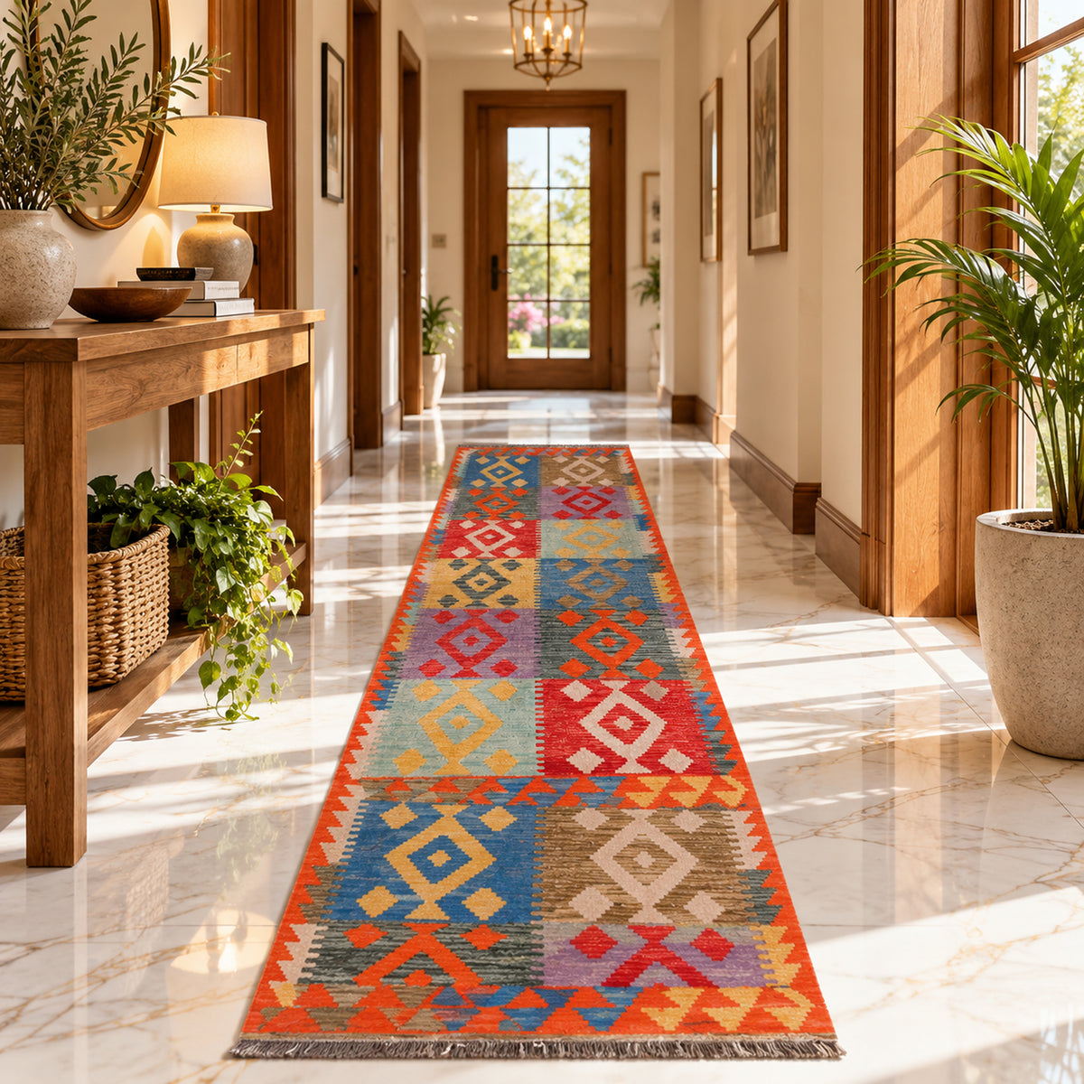 Mosaic kilim rug with orange, blue, red and beige diamond patterns, flatweave runner