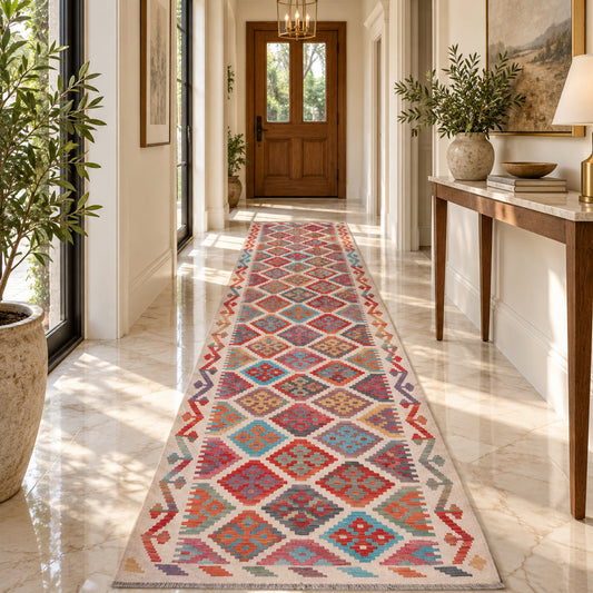 Kilim rug runner with red, blue and orange geometric pattern on light floor