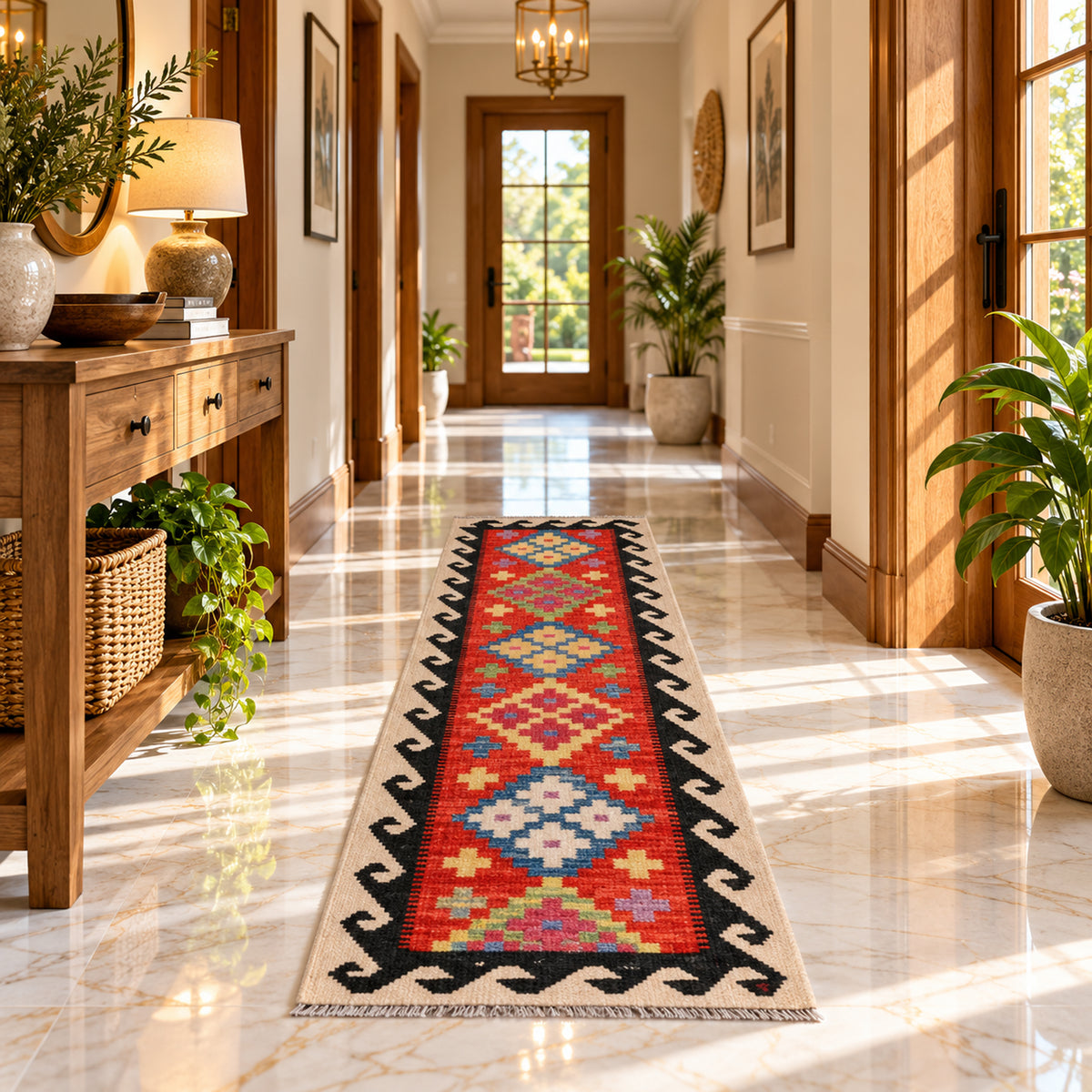 Red, blue, and cream kilim runner rug with black border and small fringe