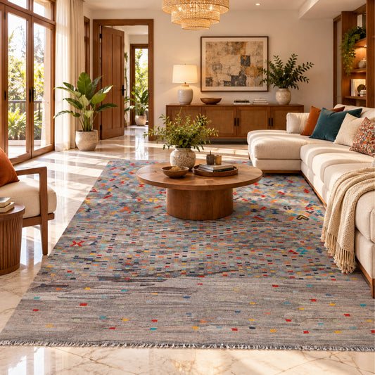 Kelim rug with multicolor geometric design on a gray base, placed in a living room