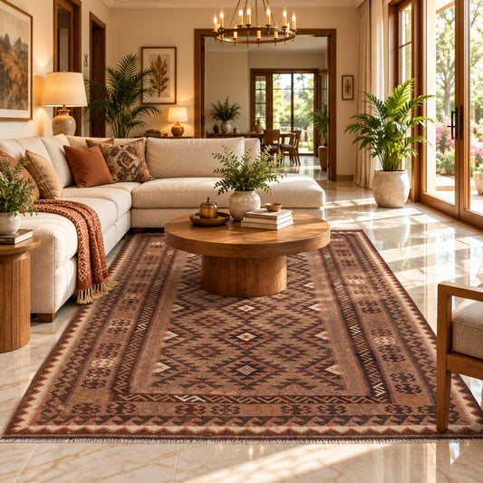 Brown geometric kilim rug with diamond center and border, flat woven surface