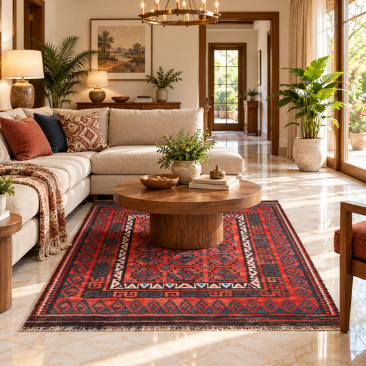 Kilim rug with red geometric pattern and dark border, on floor