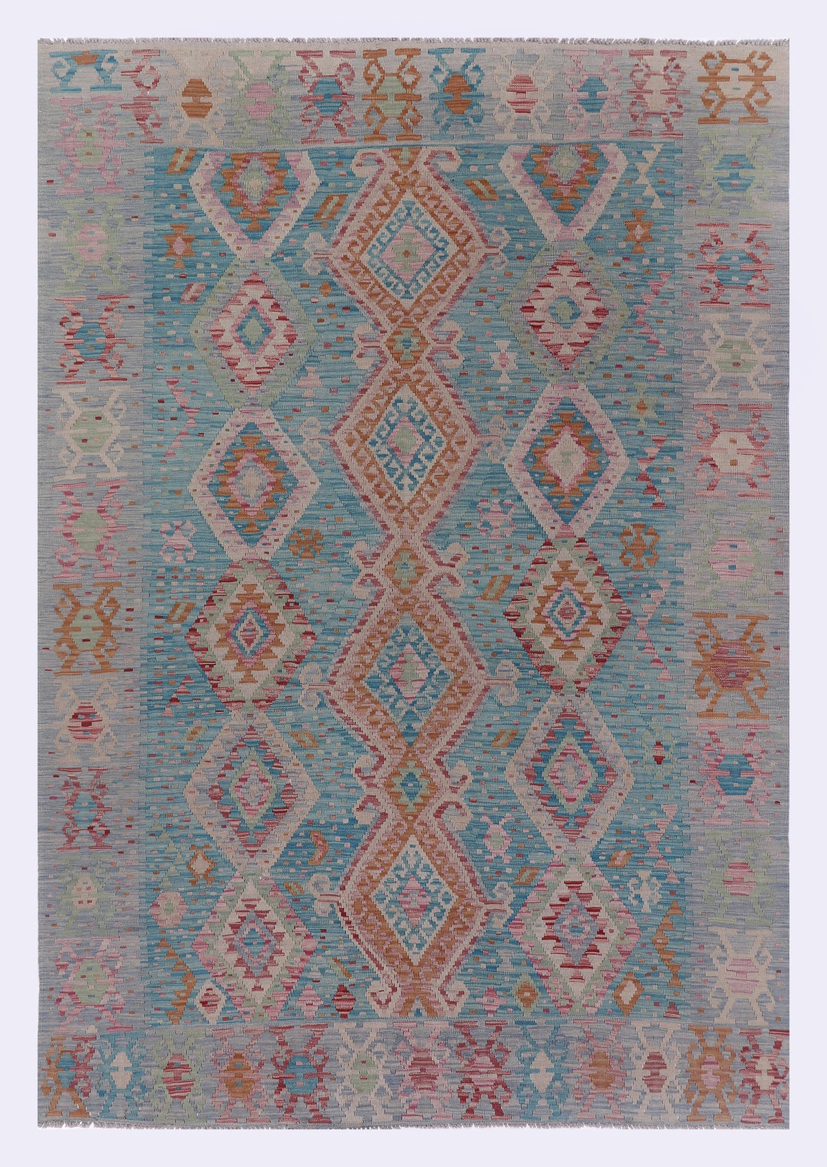 Blue kilim rug with multicolor geometric diamond pattern, rectangular design