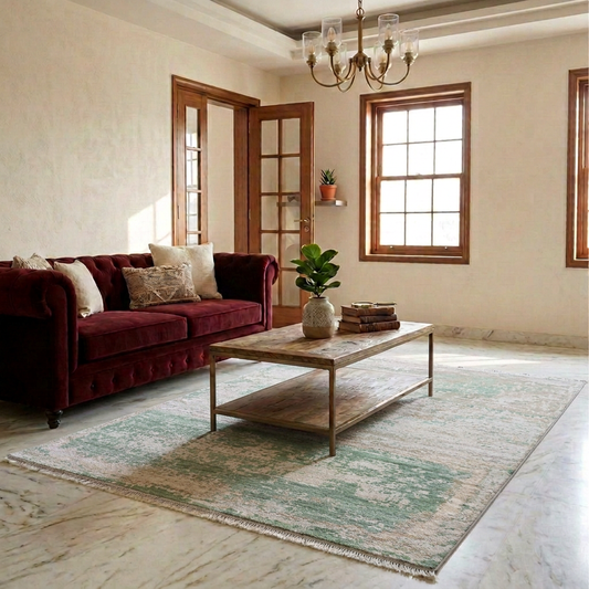 Modern abstract area rug in jade green and beige, rectangular with short fringe edges