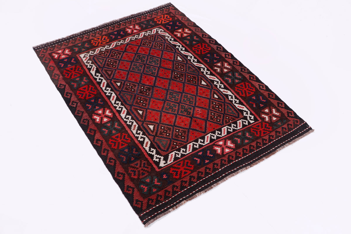 Red and black kilim rug with geometric diamond medallion and border pattern