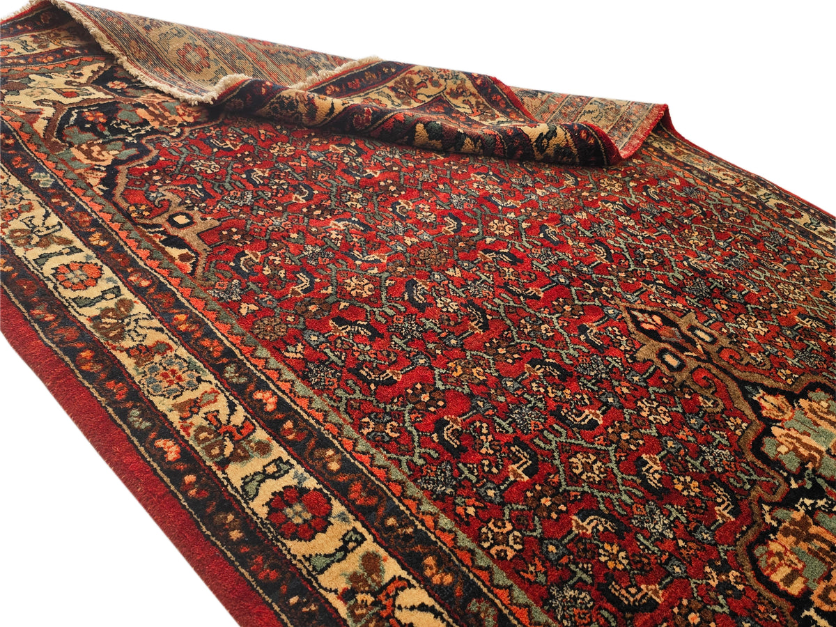 Bidjar rug folded texture detail, red surface with multicolor medallion motifs and border
